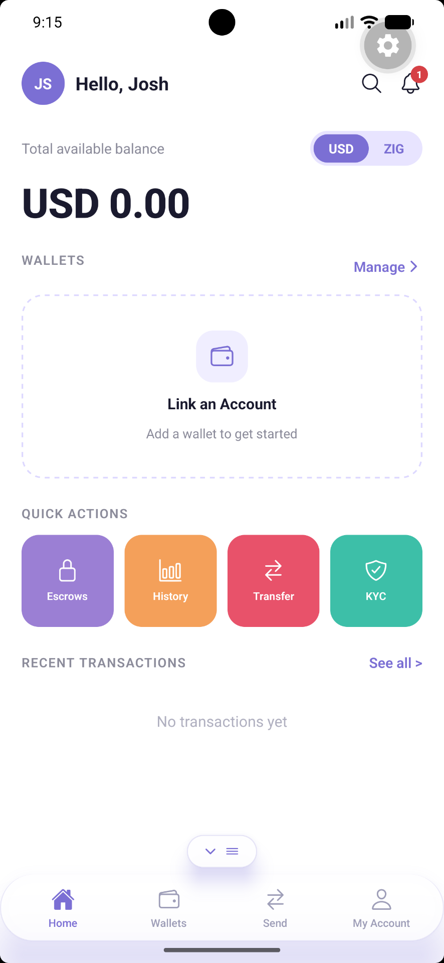 Nightfall app home screen showing wallet balance