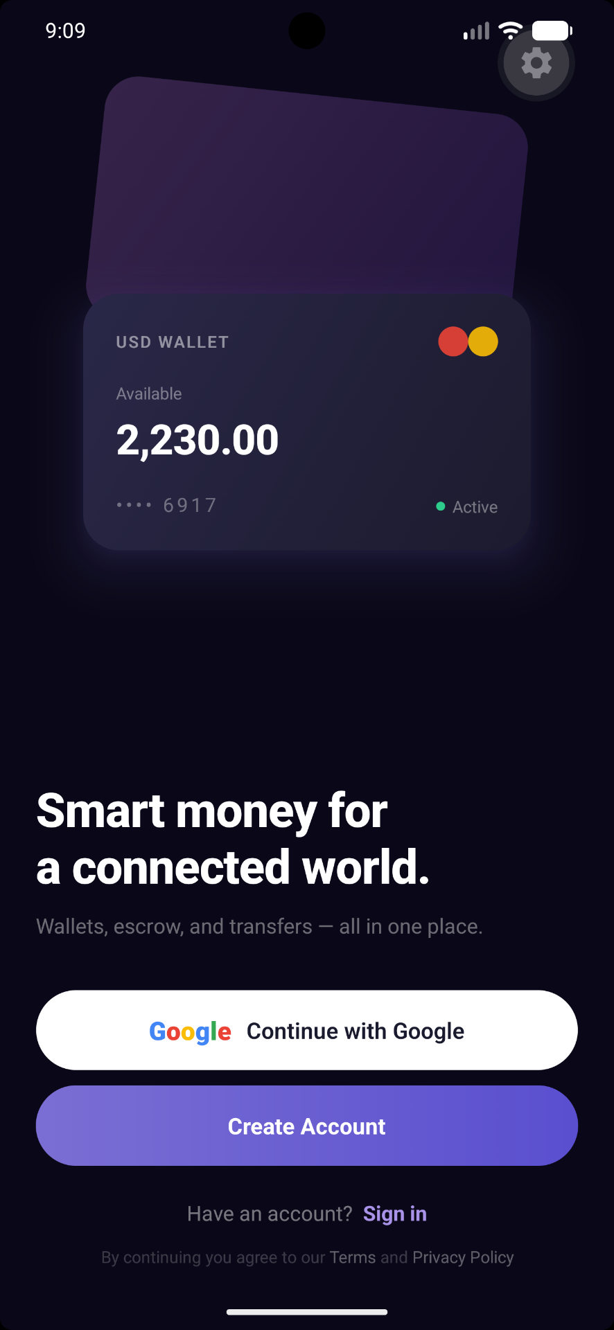 Nightfall app onboarding screen with USD wallet